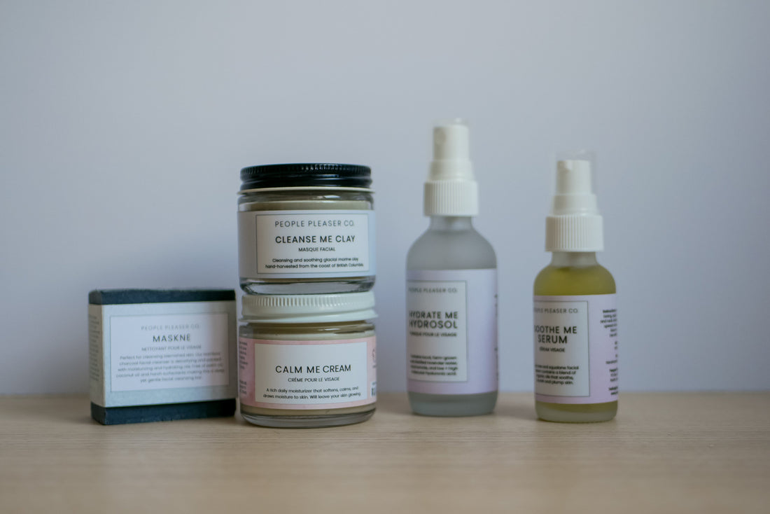 Minimalist clean skincare products by People Pleaser Co arranged  on a shelf
