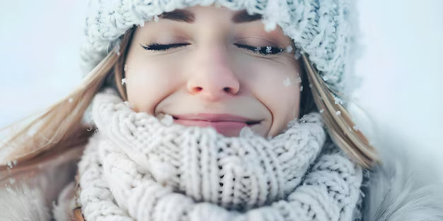 Woman outside in snow with her eyes closed smiling and wearing a scarf and toque.